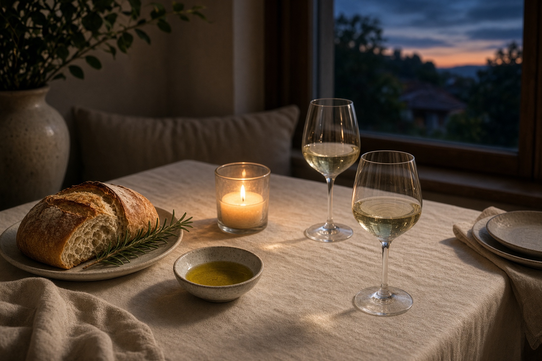A linen table set for dinner at dusk